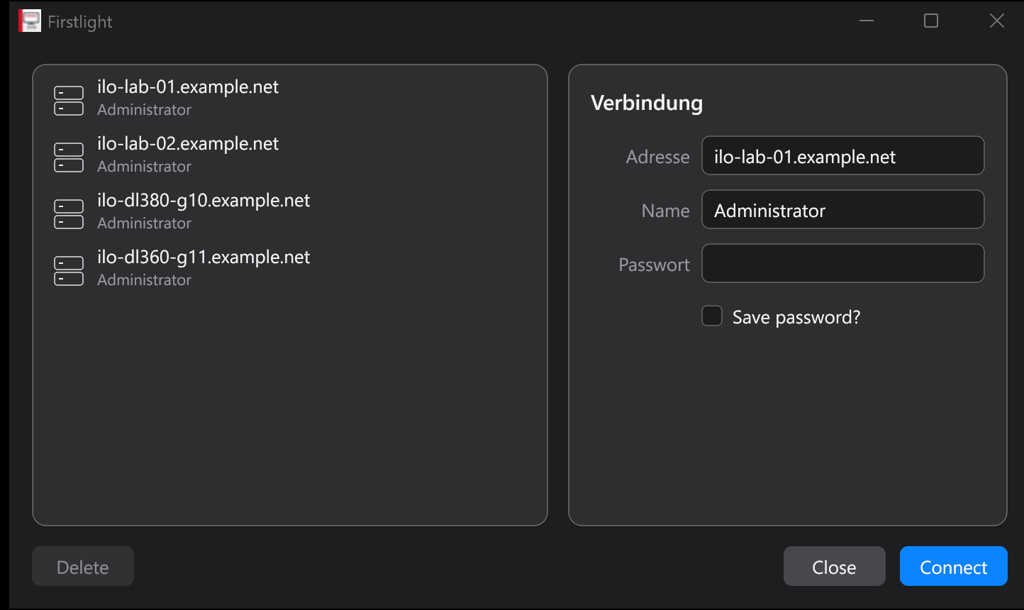 The Firstlight launcher window with a list of saved iLO systems on the left and a connection form on the right.