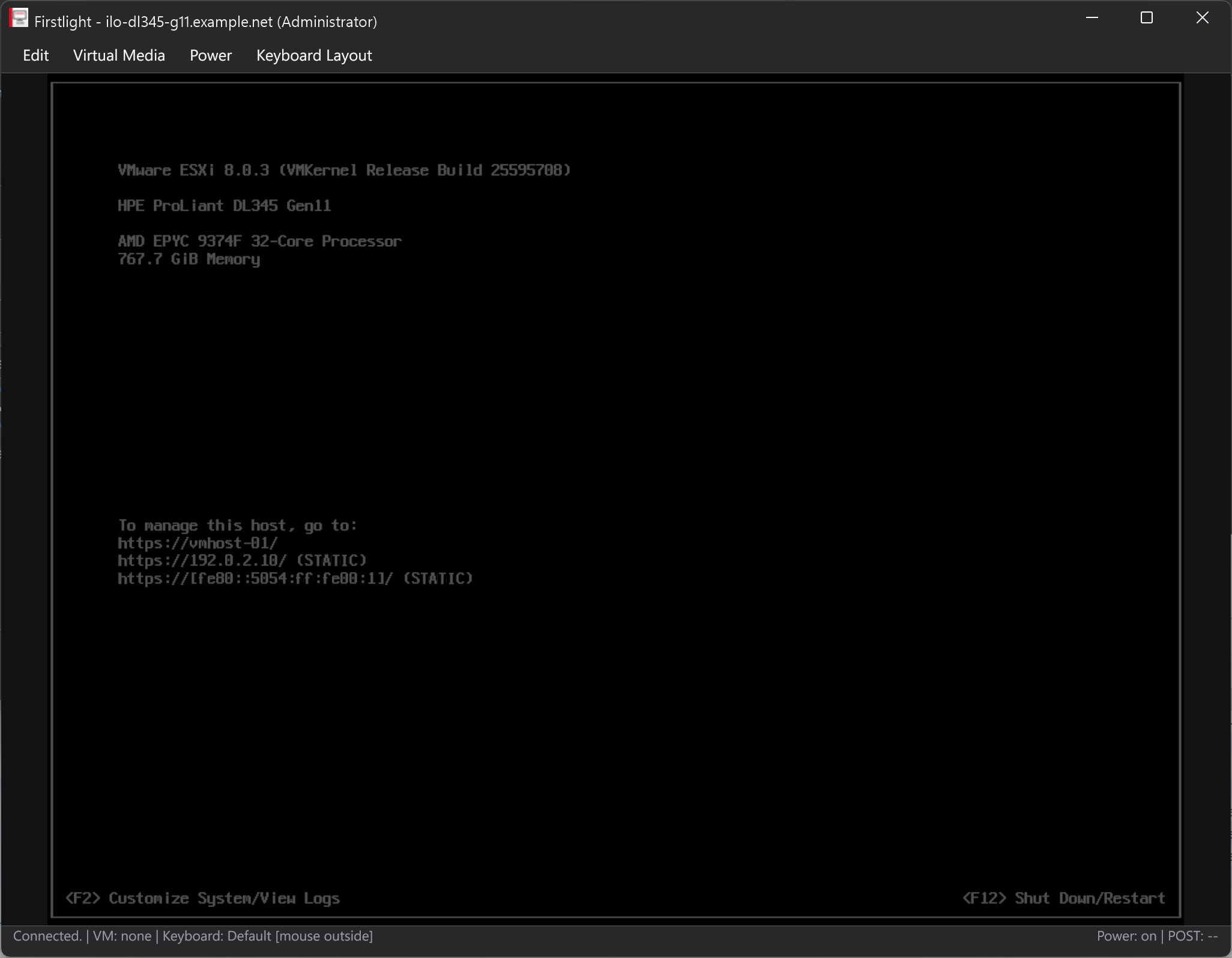 The Firstlight window showing a live remote console on an HPE ProLiant DL345 Gen11, with the menu bar above the server video and a status bar below it.